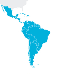 Das Einzugsgebiet des Produzentennetzwerks CLAC, dargestellt als blau eingefärbte Gebiete in Mittel- und Südamerika