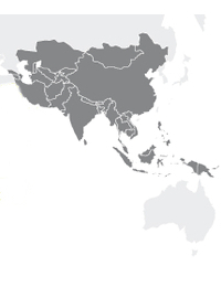 Das Einzugsgebiet des Produzentennetzwerks NAPP, dargestellt als grau eingefärbte Gebiete in Asien und der Pazifikregion