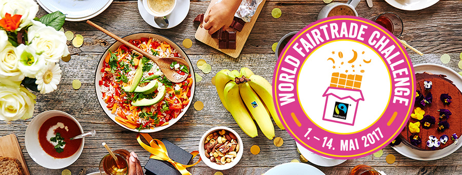 Gedeckter Tisch und Logo der World Fairtrade Challenge 2017