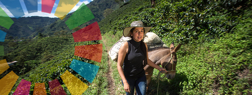 Kaffeebäuerin mit Pferd im kolumbianischen Hochland