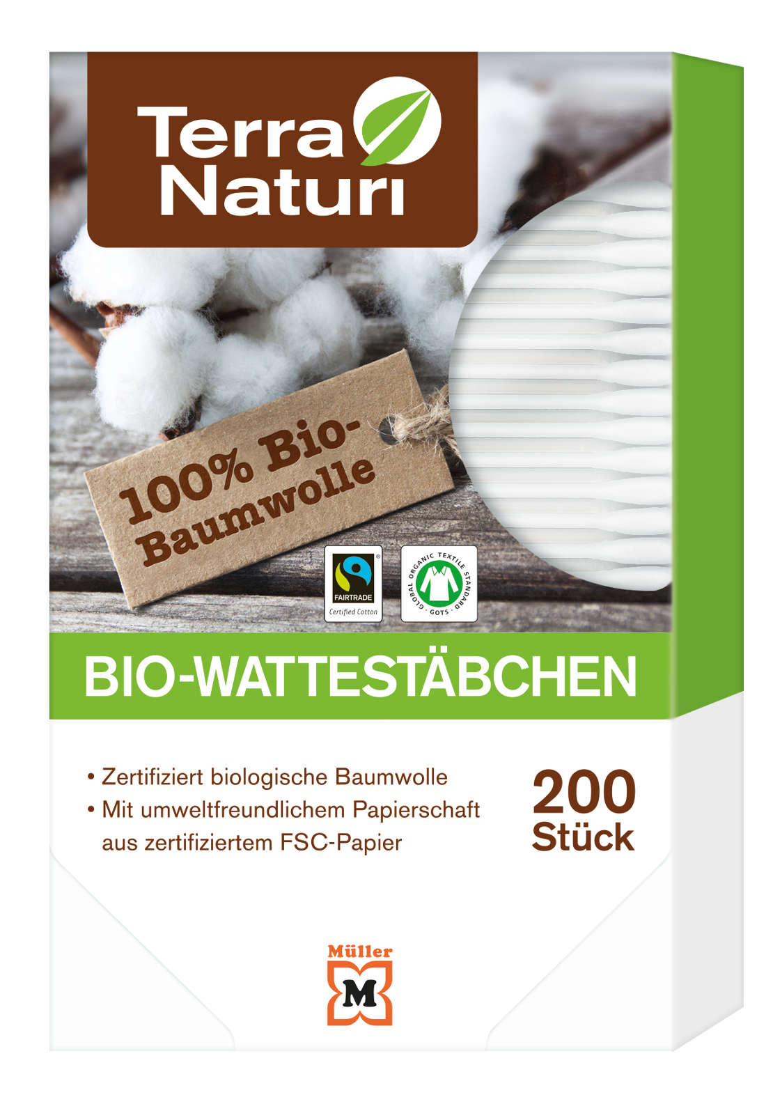 Terra Naturi Bio-Wattestäbchen, 200 Stück-
