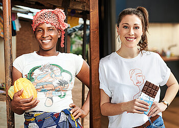 Gegenüberstellung / gesplittetes Bild: Produzentin von Fairtrade-Kakao und Konsumentin mit Fairtarde-Schokolade