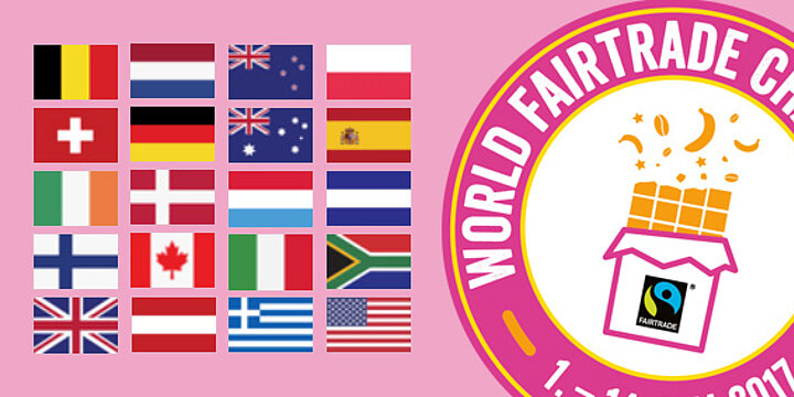 Collage aus Länderflaggen und dem Logo der World Fairtrade Challenge