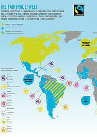 <p>Auf dieser Weltkarte werden übersichtlich und auf einen Blick die wichtigsten Fairtrade-Produkte sowie die Top 3 der Erzeugerländer für Deutschland dargestellt.</p>