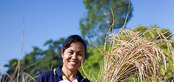 Phawadee Suphansai von der Fairtrade-Reis-Organisation ORJPG in Thailand auf einem Reisfeld