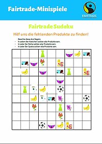 <p>Die Fairtrade-Minispiele bieten einen spielerischen Einstieg in das Thema fairer Handel. Sie bestehen aus drei Spielen, die unabhängig voneinander gespielt werden können:</p>
<p>- Fairtrade-Rechenrätsel</p>
<p>- Fairtrade-Sudoku</p>
<p>- Fairtrade-Gläserrätsel</p>
<p>Zur Kontrolle gibt es eine Musterlösung am Ende.</p>