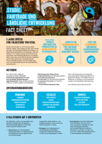 Im Rahmen der CEval-Studie "5 Jahre später – der Beitrag von Fairtrade auf die ländliche Entwicklung" wurden Daten über die langfristigen ländliche Entwicklung von Kleinbauernorganisationen und Plantagen und den Auswirkungen des Klimawandels erhoben. Fact Sheet.