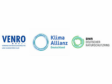 Logos von VENRO, der Klima-Allianz Deutschland und dem Deutschen Naturschutzring