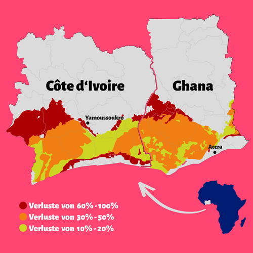 Gefährdung der Kakao-Anbaugebiete in Côte d'Ivoire und Ghana, Quelle: Christian Bunn, International Center for Tropical Agriculture (CIAT), August 2018